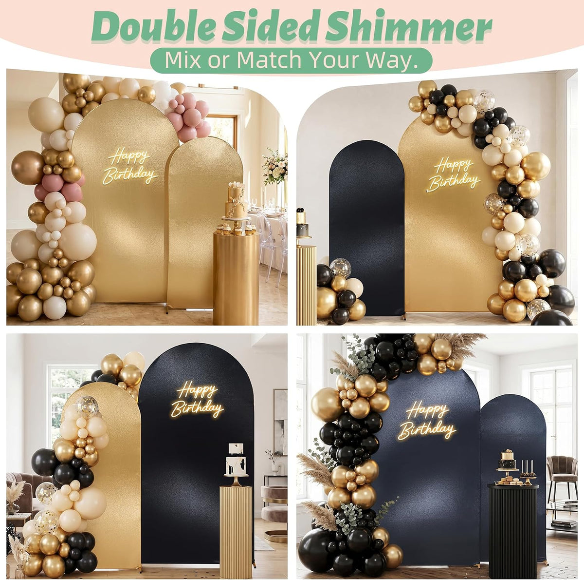 Reversible Gold Black Glitter Arch Backdrop Cover 2 Set 6/7.2FT, Double-Sided Sequin Shimmer Chiara Cover with Zipper, No Shed Stretchy Spandex Fit for Wedding Birthday Graduation Party Decor