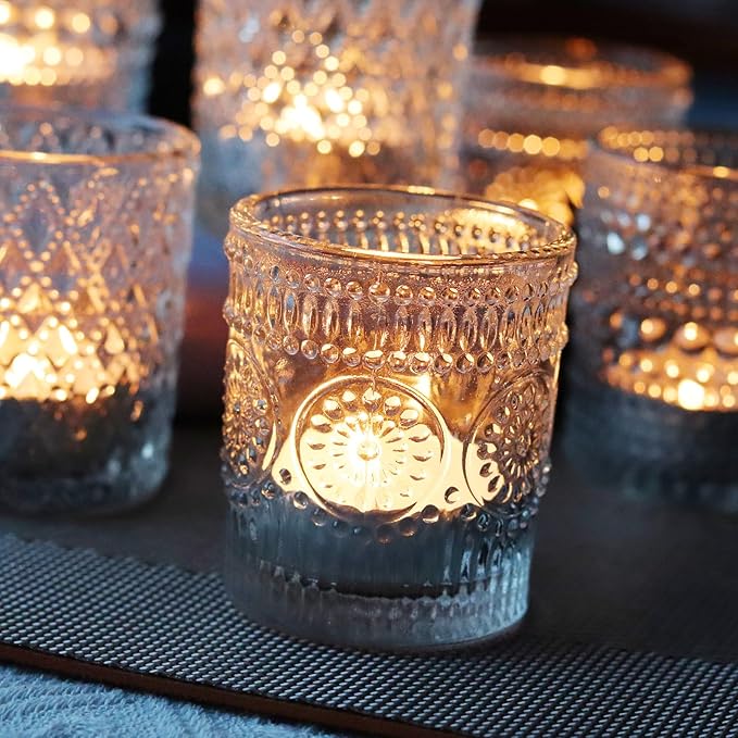 Clear Votive Candle Holders, 3 Patterns 24 pcs Glass Tealight Candle Holders for Christmas Wedding Table Centerpiece Birthday Party