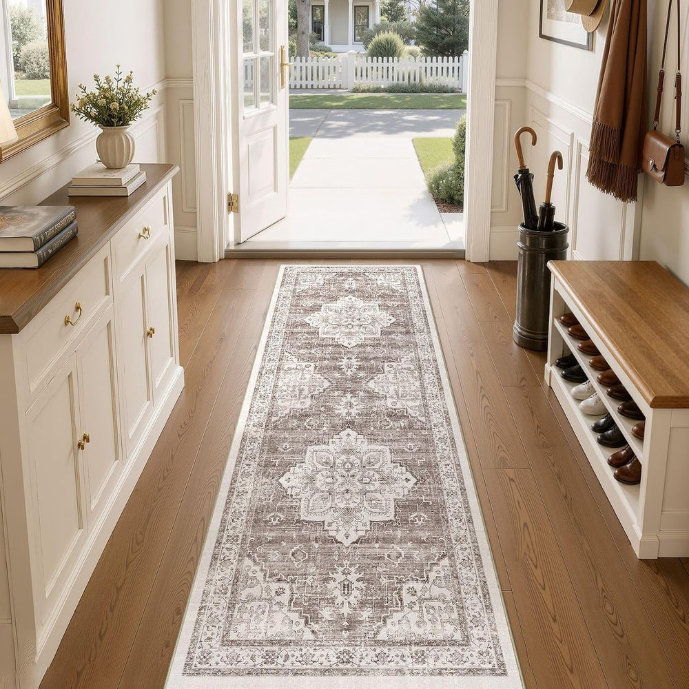 Washable 3x8 Runner Rug: Non Slip Vintage Tea Brown Entry Area Rug