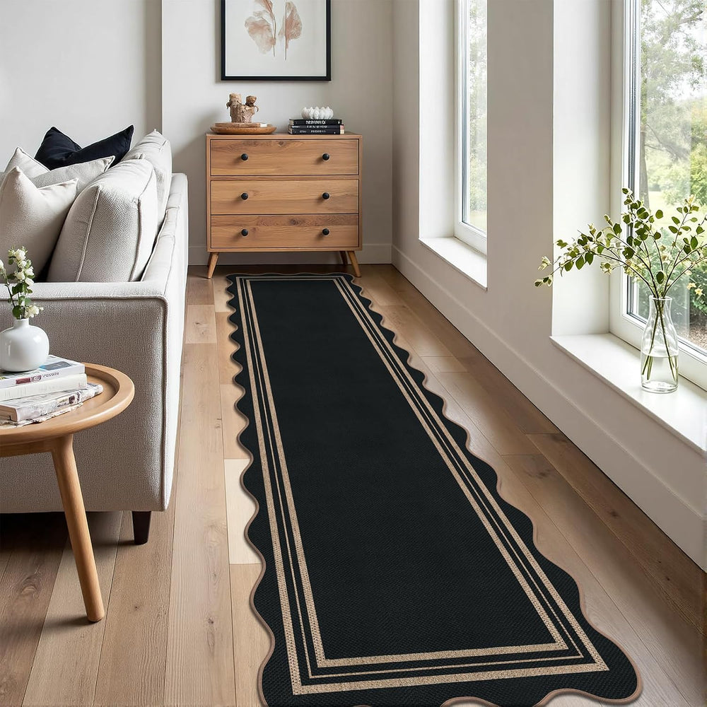 Scalloped Easy Jute Kitchen Runner Rug, 2.6x10 Non Slip Entryway Runner Washa...