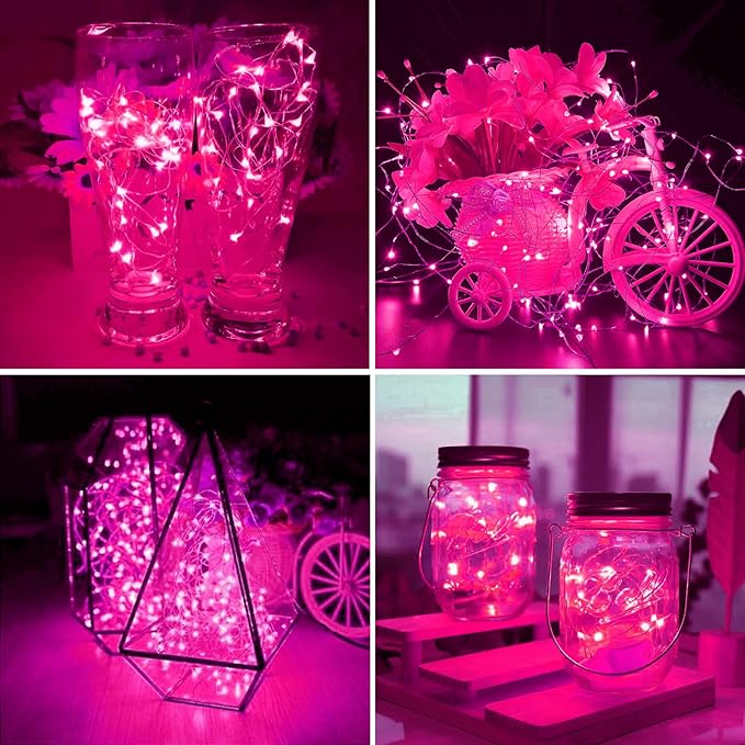 ZGWJ 50 Pack Fairy Lights Battery Operated, 7ft 20 Mini LED Fairy String Lights Silver Wire 3 Modes for DIY, Parties, Wedding, Bedroom, Halloween Christmas Decoration Pink