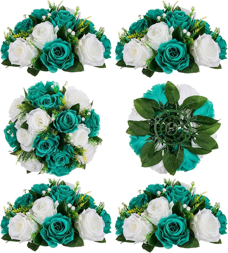 BLOSMON Teal Flowers Artificial Centerpieces: 6 Pcs Fake Roses Flowers Balls for Wedding Dinning Table - Faux Silk Kissing Floral Arrangement for Home Party Event Decor