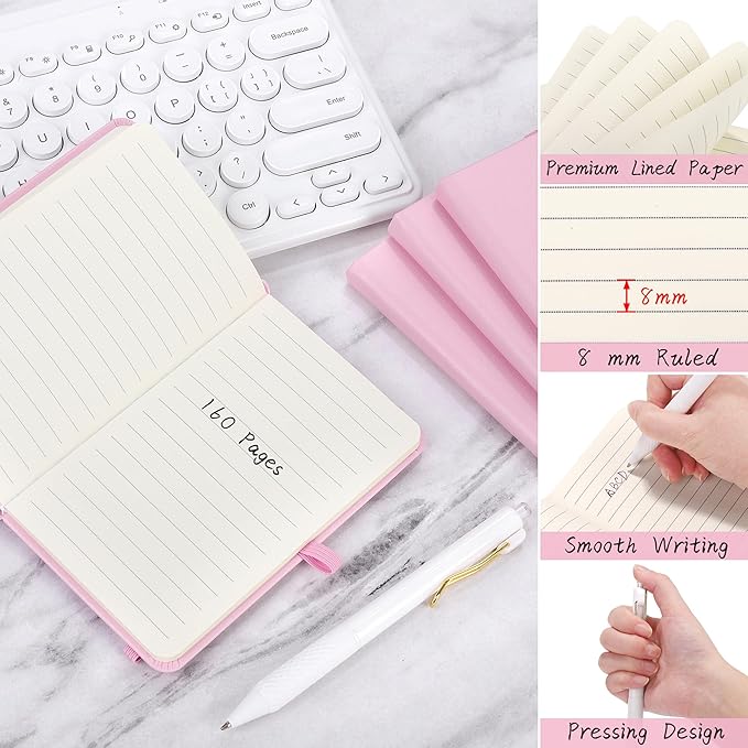 Aodaer 50 Sets Pocket Notebook Journal with Pens, 160 Pages, 3.5 x 5.5 Inch Mini Lined Journal Notebook A6 Leather Hardcover College Ruled Notepad with Pen Holder for School Office Gifts, Pink