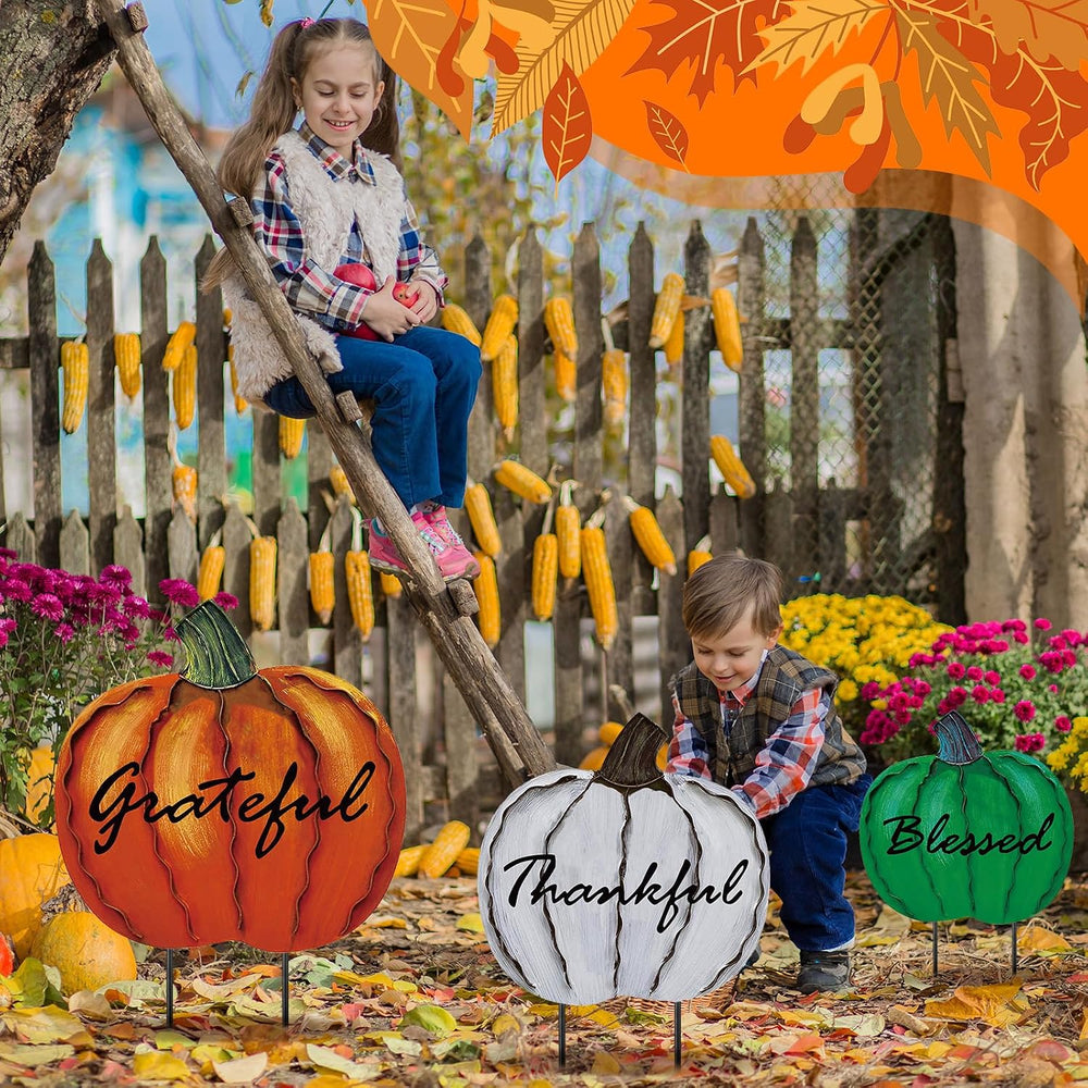 3 Pcs Thanksgiving Fall Outdoor Decor Metal Pumpkin Yard Stakes Decorations