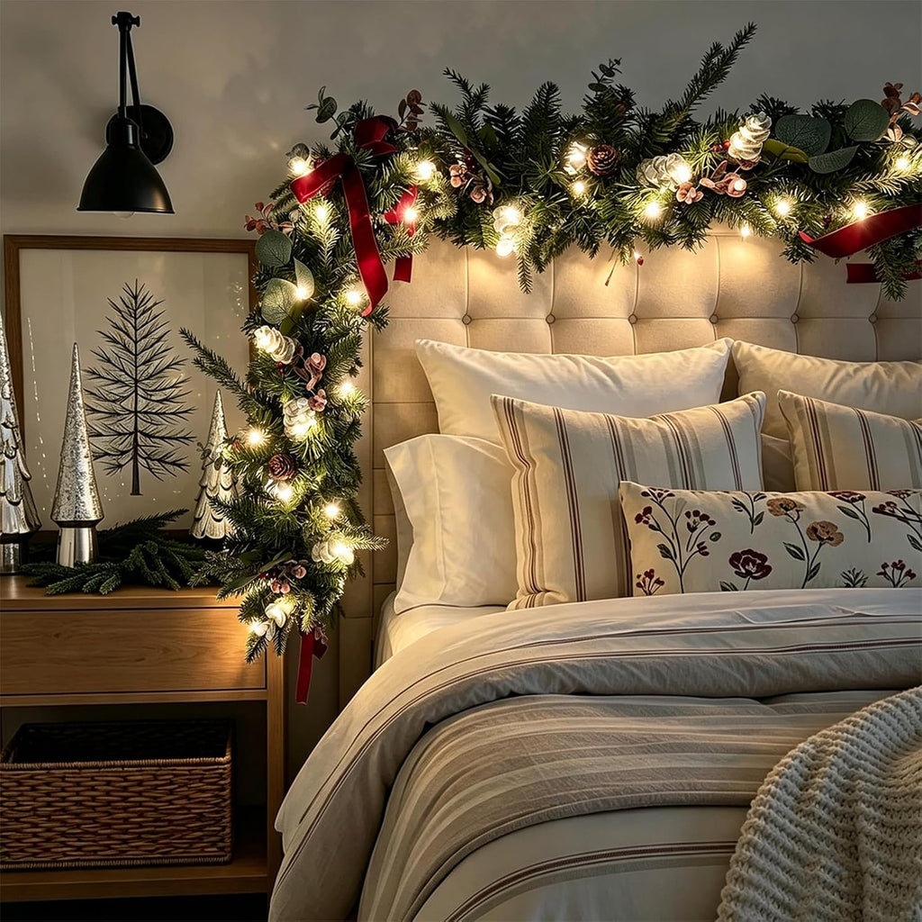 WANNA-CUL 6ft Christmas Garland with Lights Burgundy Ribbon Bells Pine Cone