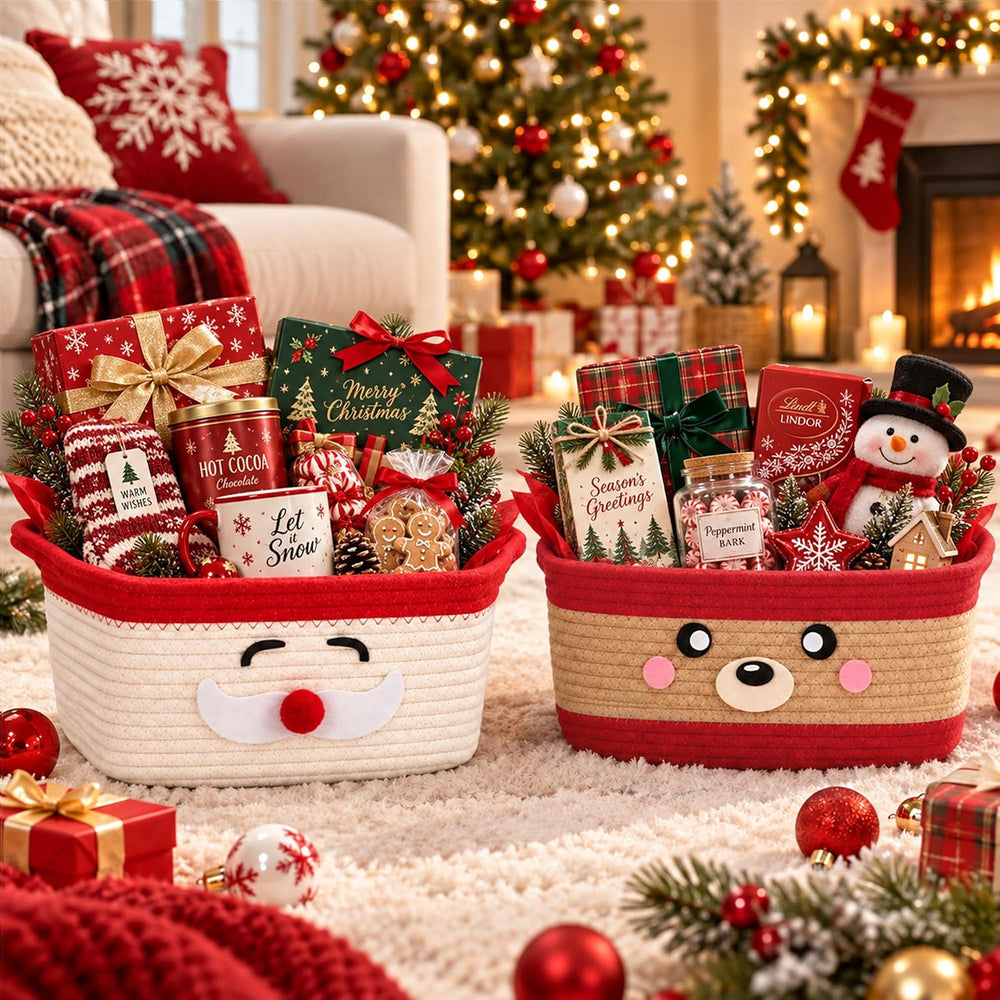 4 Pack Large Christmas Woven Basket Empty with Handle, Xmas Storage Baskets