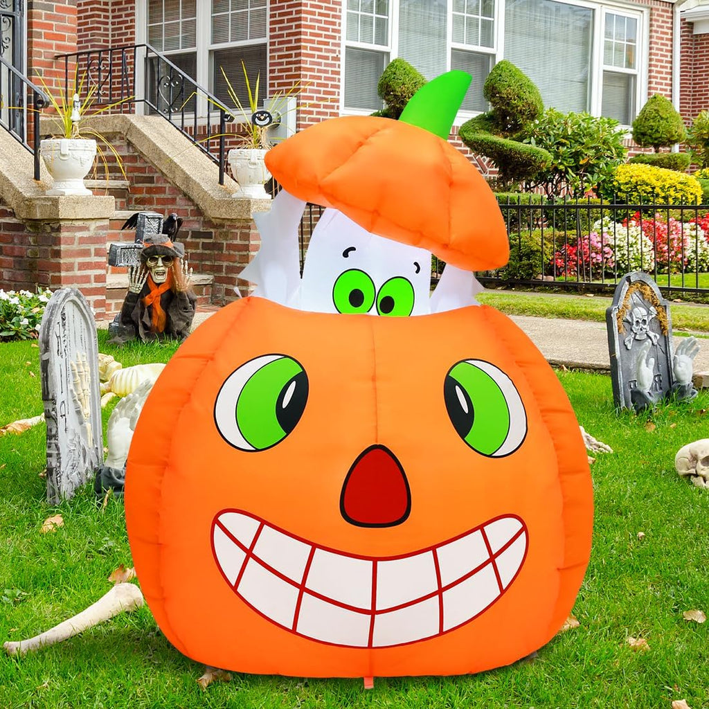 comin 5 ft halloween inflatables animated pumpkin ghost, side view