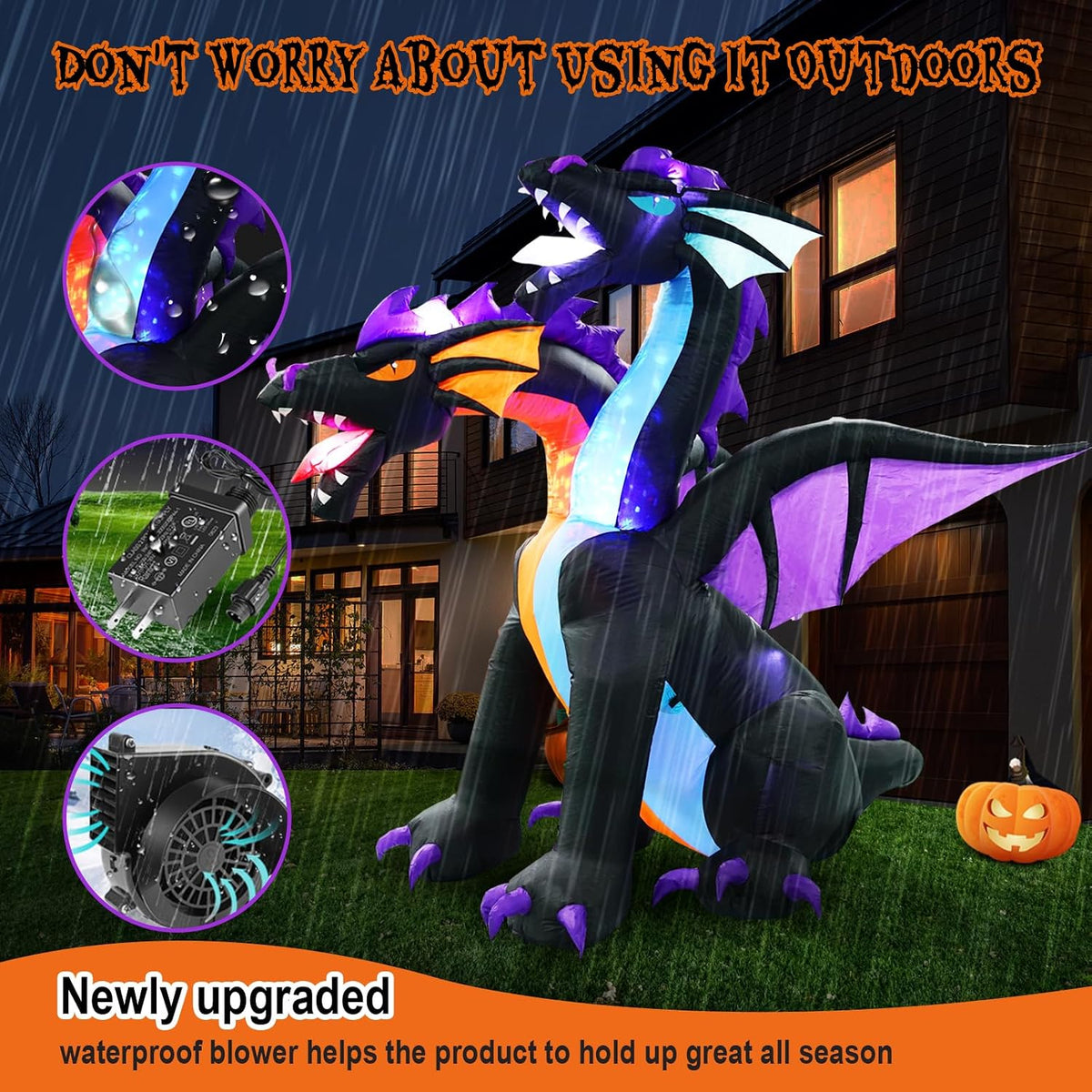 7ft tall halloween inflatables dragon with 2 heads showing dimensions