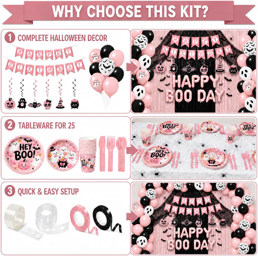 UJoyant Pink Halloween Party Decorations, Birthday Tableware for 25 Guests