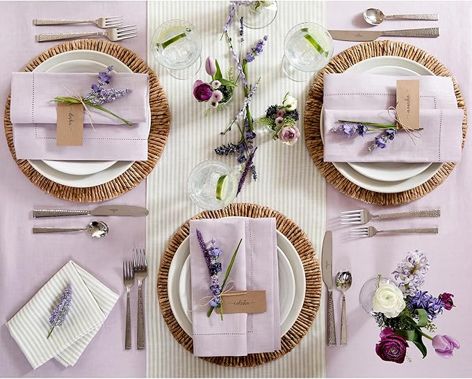 Solino Home Lilac Linen Tablecloth 60 x 90 Inch - 100% Pure Linen Hemstitch Table Cloth for Rectangle Tables - Classic Hemstitch, Machine Washable Tablecloth for Fall, Autumn, Thanksgiving, Christmas