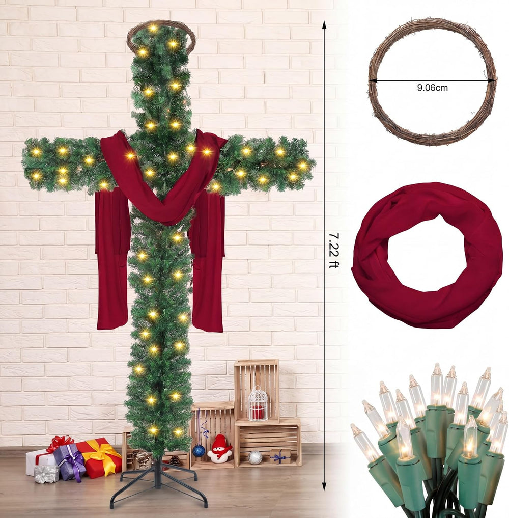 Leyndo 7 ft Lighted Christmas Cross Tree, Christian Holiday Decor
