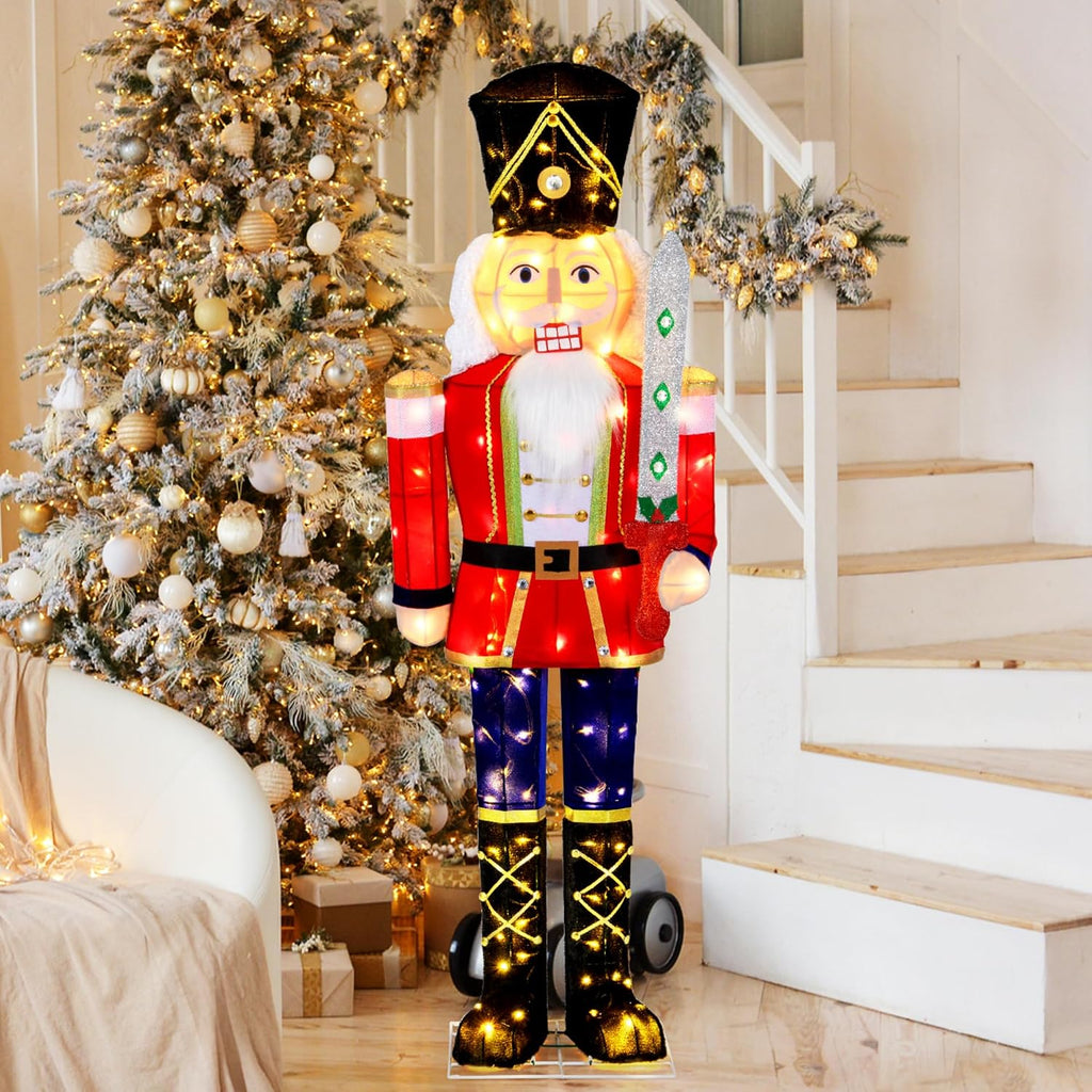 Tangkula 5 FT Christmas Lighted Nutcracker Holding Glitter Sword Decoration