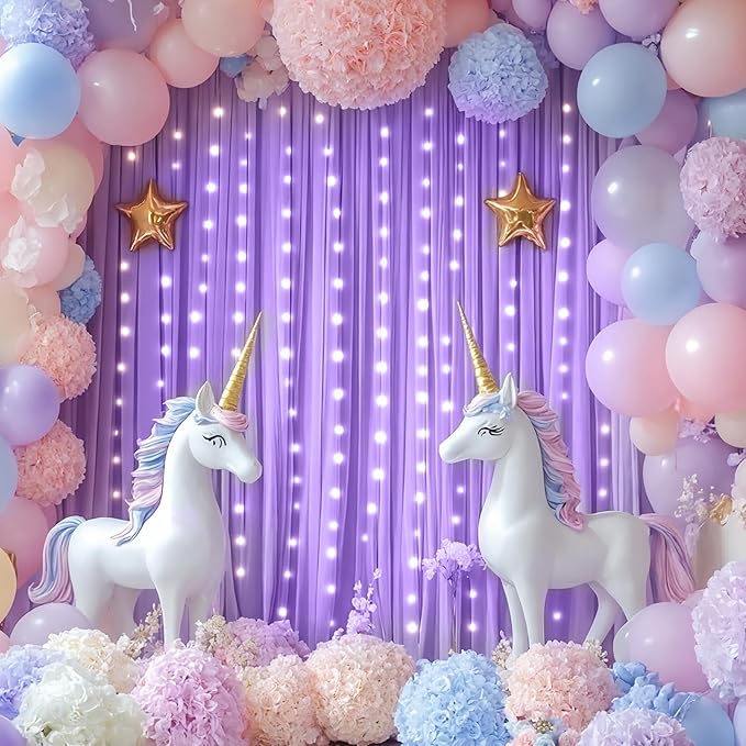 Lavender Backdrop Curtains with Lights for Parties,10x10FT Wrinkle Free Polyester Wedding Photo Backdrop Curtains for Baby Shower Birthday Ceremony Reception Home Party Decorations-5ft x 10ft,2 Panels