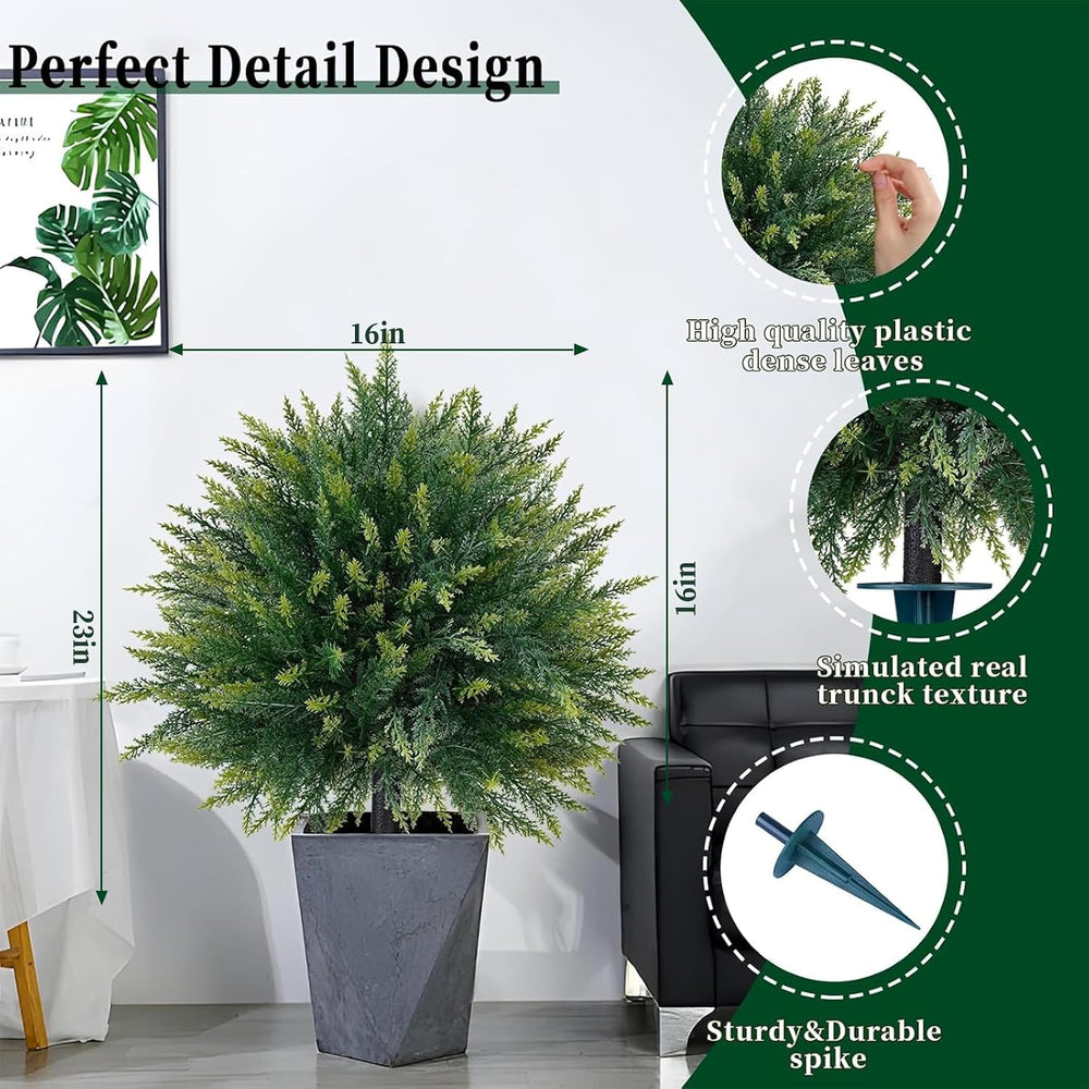 2 Pack Artificial Cedar Topiary Ball Trees with Ground Spike,23"