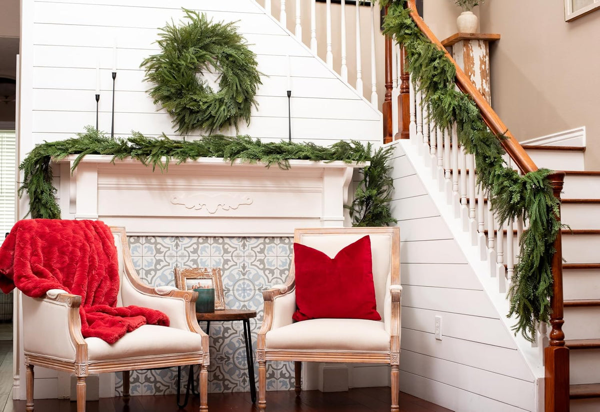 Mixed Norfolk Pine Garland with Evergreen, and Cedar Garland Artificial Realistic Greenery Branches for Decoration, Christmas Garland for Mantle, Premium Real Touch (6 Foot)