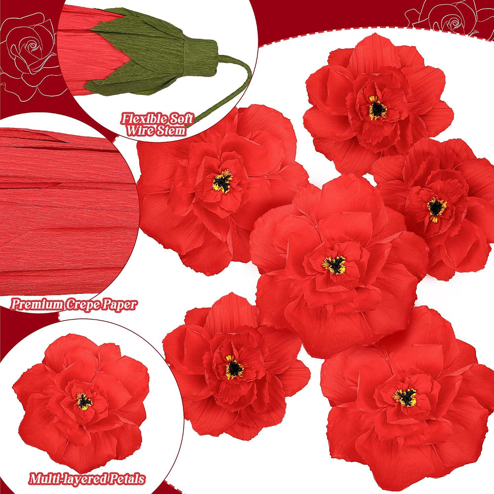 Aneco 6 Pcs Red Poppy Paper Flowers 3D Halloween Wizard Artificial Flowers