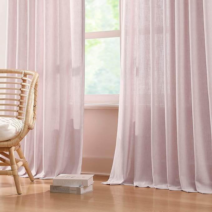 Vision Home Soft Pink Pinch Pleated Semi Sheer Curtains Textured Linen Blended Light Filtering Window Curtains 102 inch for Living Room Bedroom Patio Pinch Pleat Drapes with Hooks 1 Panel 60" Wx102 L