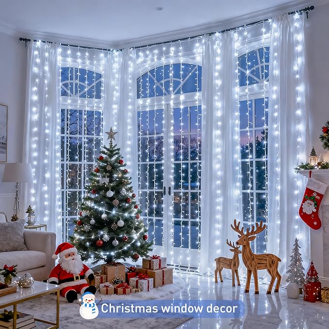 JMEXSUSS 900LED Christmas Curtain Lights Outdoor with Remote, 9.5x29.5ft White Christmas Lights Indoor Plug in, Hanging String Lights for Bedroom Wedding Backdrop Wall Window Xmas Decoration