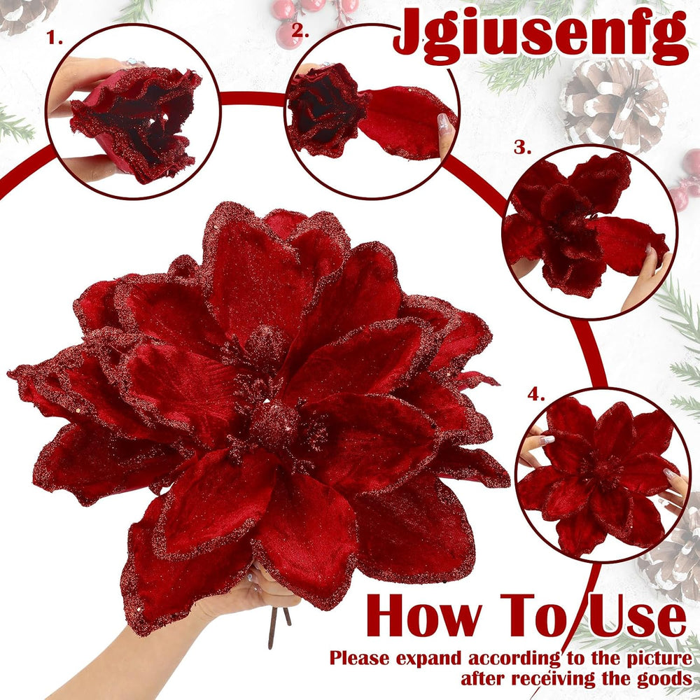 8 Pcs Large 12" Christmas Magnolia Flowers, Burgundy