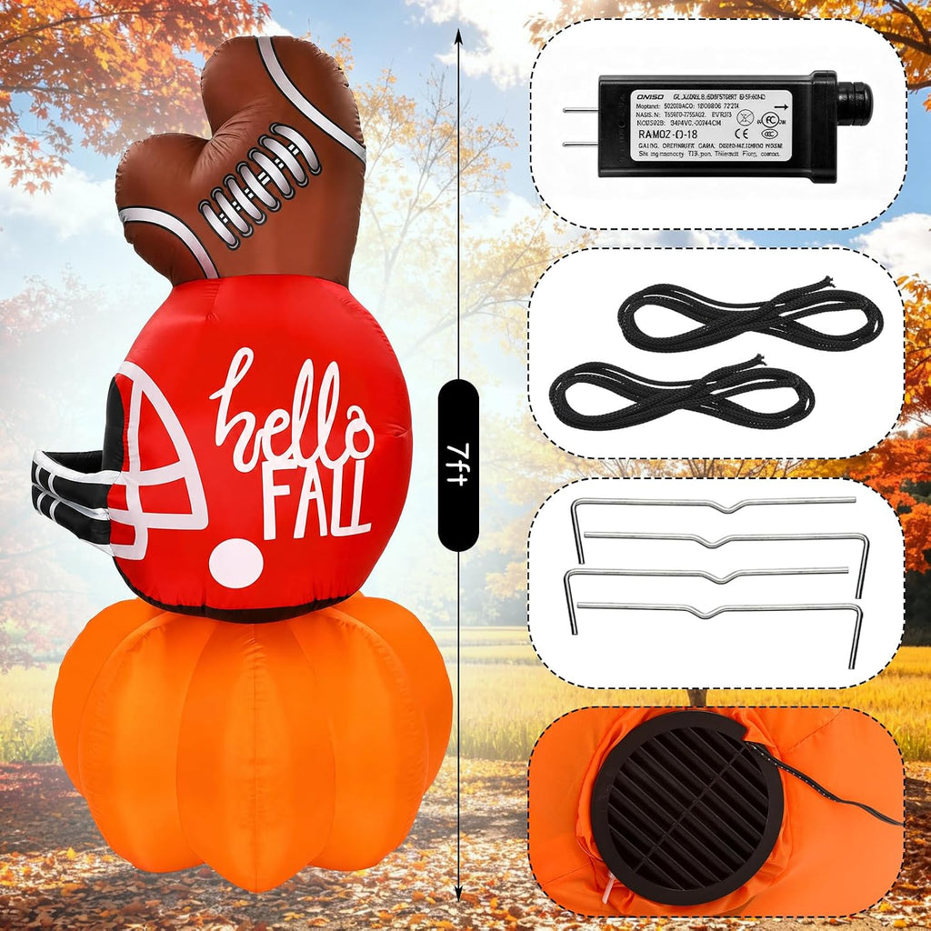 leyndo 7ft fall pumpkin football inflatable thanksgiving blow shown in use