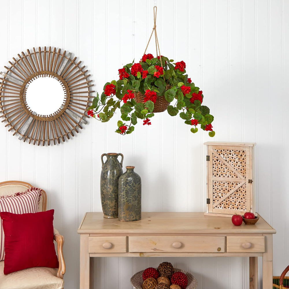 Nearly Natural 24 in Artificial Geranium Red Floral Hanging Basket Plant