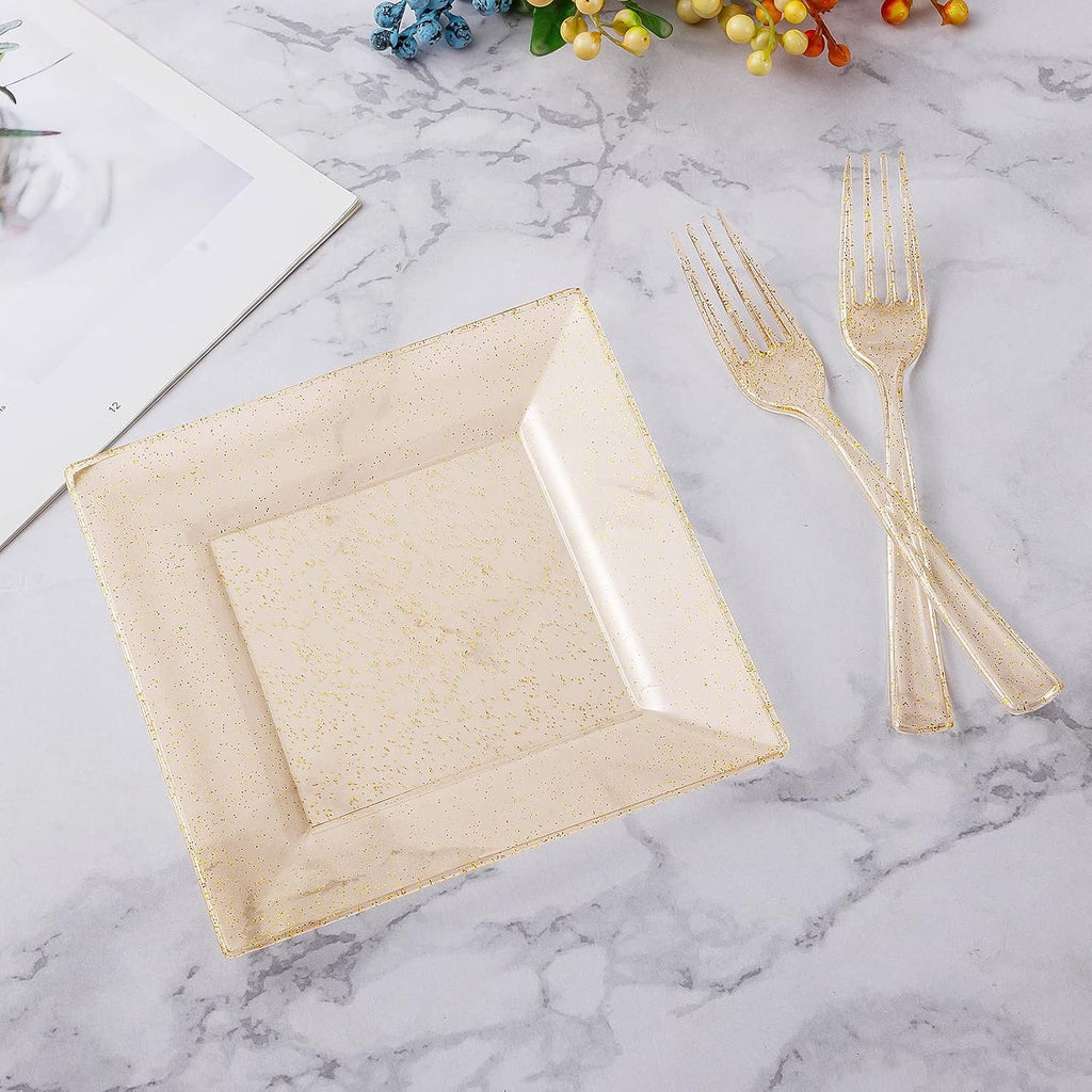 goodluck 240pcs 6.5" square gold glitter dessert plates shown in use