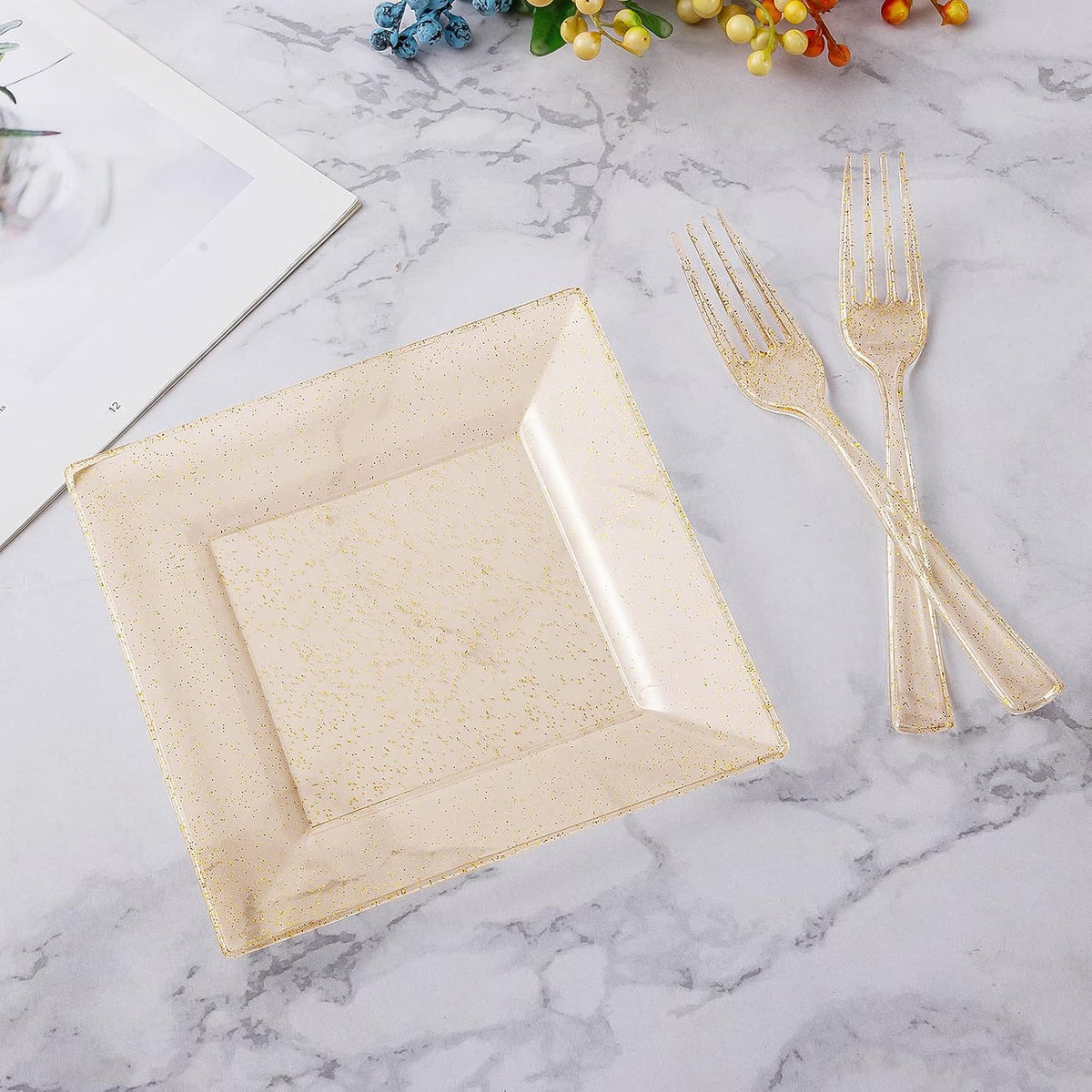 goodluck 240pcs 6.5" square gold glitter dessert plates shown in use