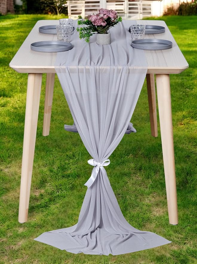 MDS 10 Pack 10ft Chiffon Table Runner 29 x 120 Inches Sheer Wedding Runner Romantic Rustic Table Runner for Wedding Decorations, Birthday Parties, Bridal Shower Party Arch Decor - Cool Gray