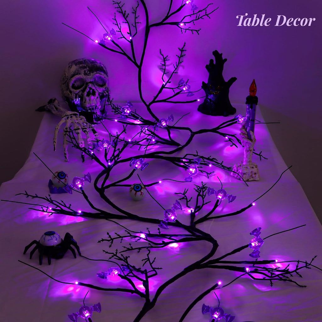 9FT 72 LED Willow Vine Twig Decor Black Halloween Garland with Bat & Purple LED Lights, 8 Modes Battery Operated Halloween Decorations Indoor for Mantle Fireplack Table Home Office Party Spooky Decor