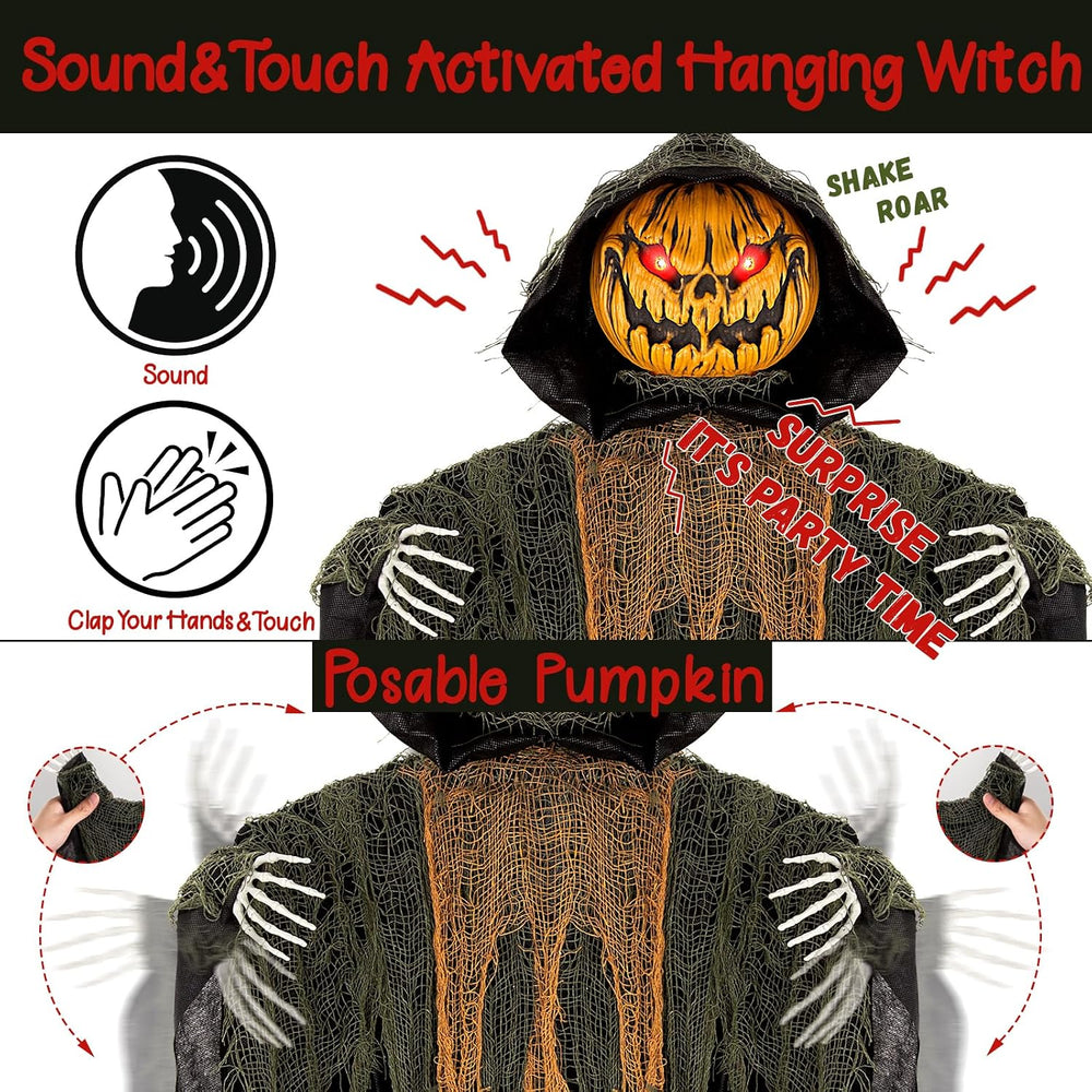 59” Halloween Hanging Animatronics Pumpkin Decoration with Sound Activated