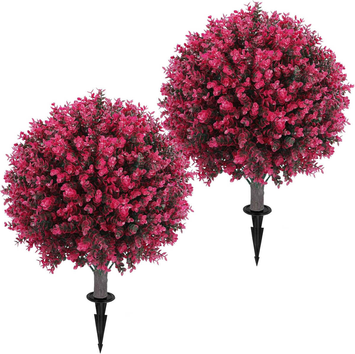 Set of 2 Artificial Red Eucalyptus Topiary Ball Tree,24" with Ground Spike