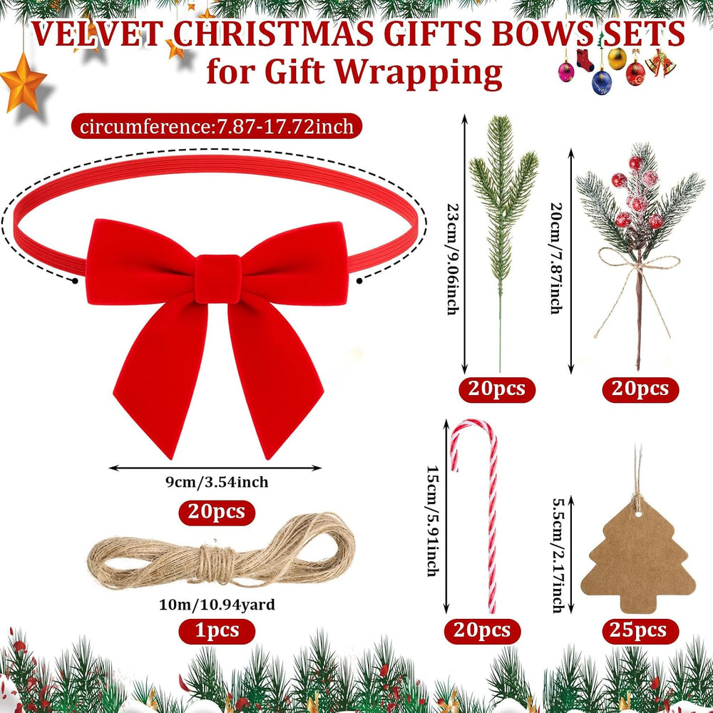 106 Pcs Christmas Elastic Bows for Gift Wrapping, Velvet, Red