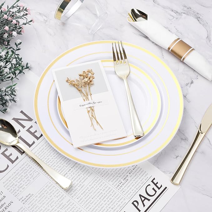 BESTVIP 175PCS Gold Plastic Dinnerware Set, Disposable Party Plates for 25 Guests, Include: 50 Plastic Plates, 25 Pre Rolled Napkins with Gold Silverware, 25 Cups for Christmas, Halloween