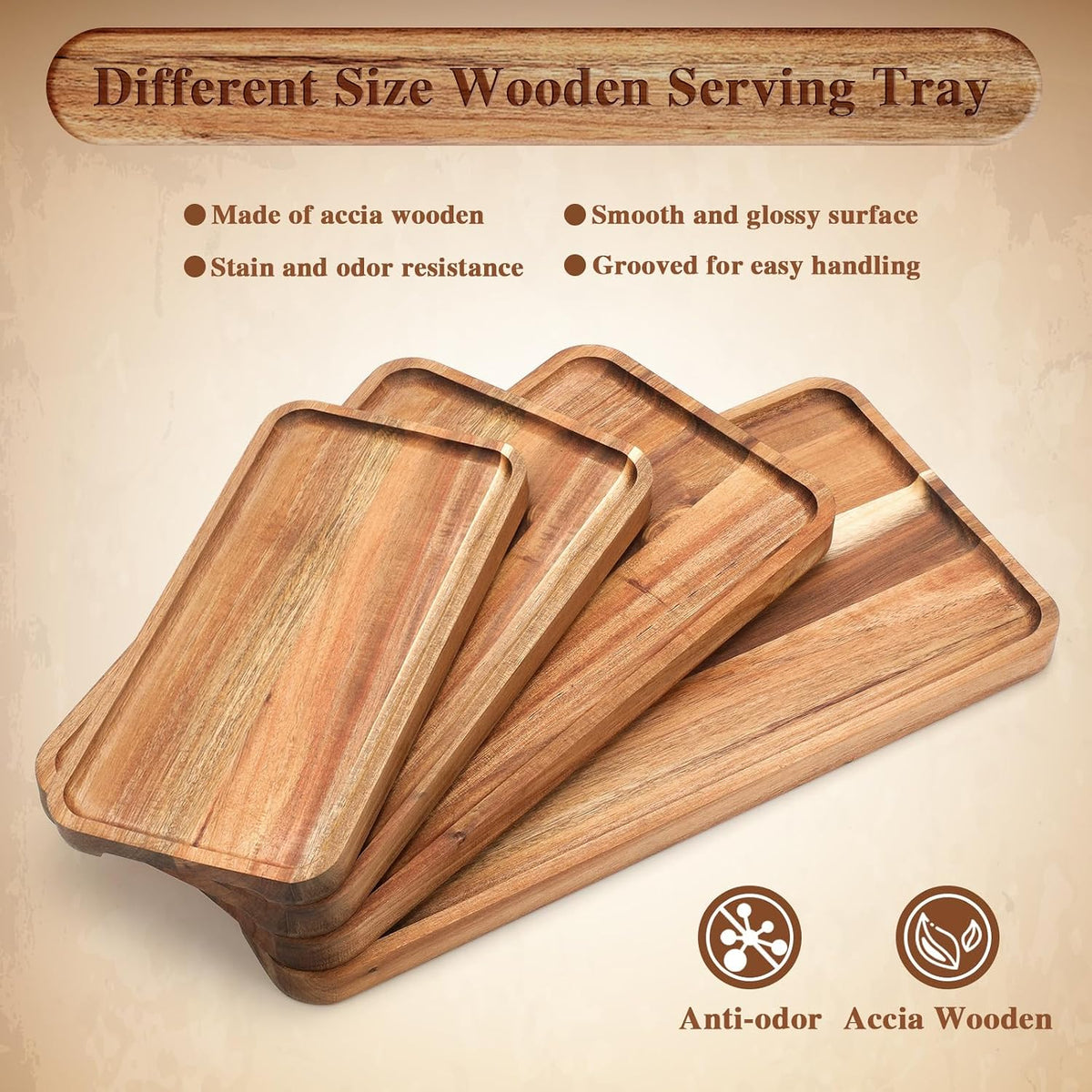 Leinuosen 4 Set Acacia Wooden Serving Platter, 10x5/12x6/14x7/16x8 in