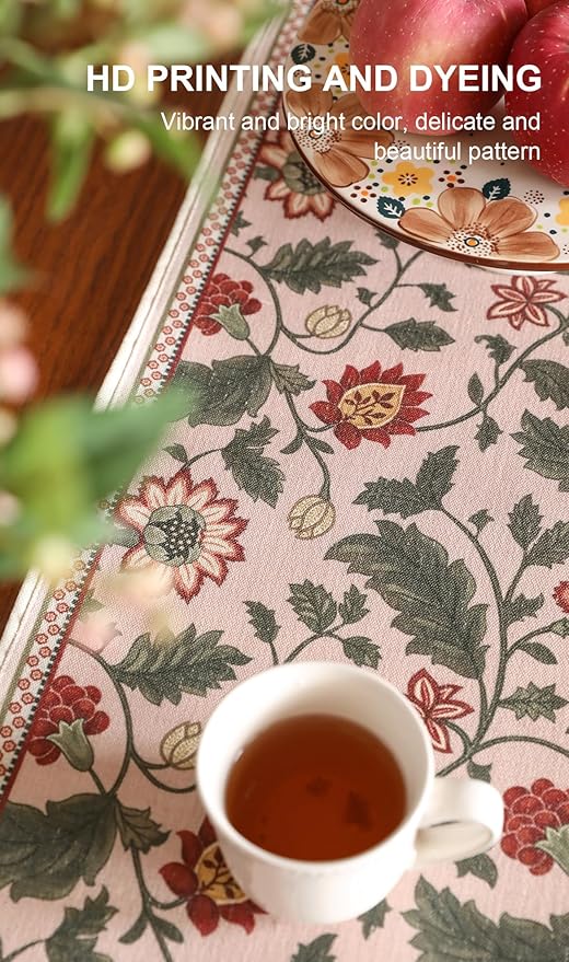 ISAENNE Designer Provence Elegant Linen Table Runner 71 Inches Long,Flower and Leaves Pattern Durable Table Runners for Dining Tables,Thanksgiving,Kitchen Tables,Christmas,12"*71"-Ratina