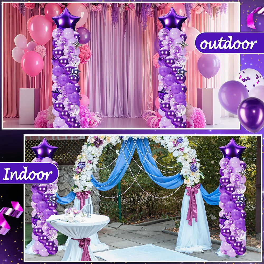Gejoy 110 Pcs Purple and Silver Balloon Arch Column Stand Kit