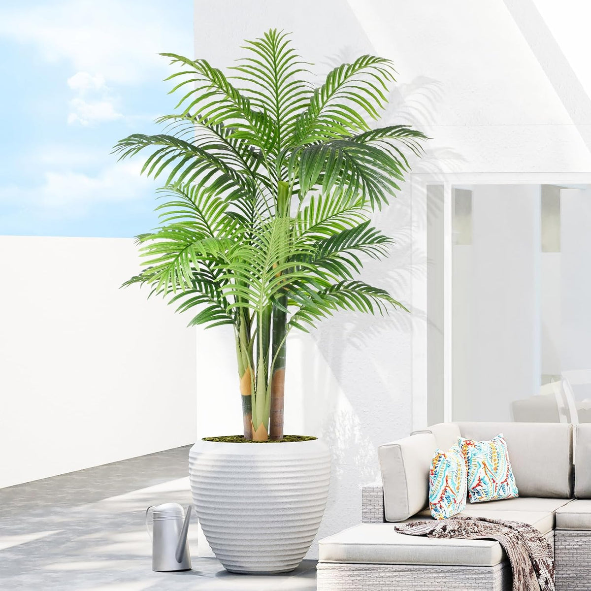 5ft Tall Triple Golden Cane Palm Artificial Tree Large Tropical Palm Tree UV Resistant Fake Plant in Pot for Indoor Outdoor Big House Living Room Outside Patio Office Home Decor 1Pack
