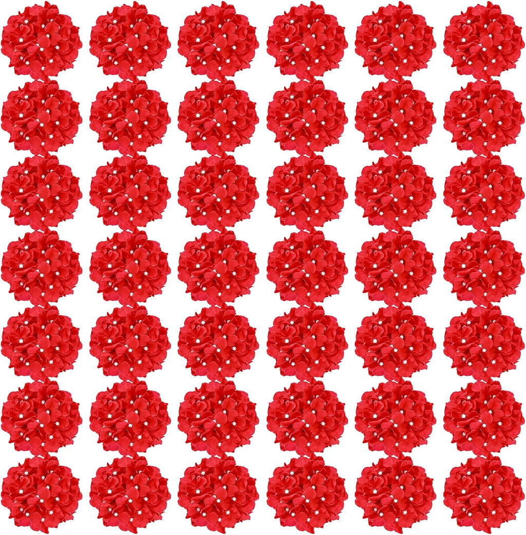 Auihiay 64Pcs Red Hydrangea Artificial Flowers, Fake Hydrangea Flowers