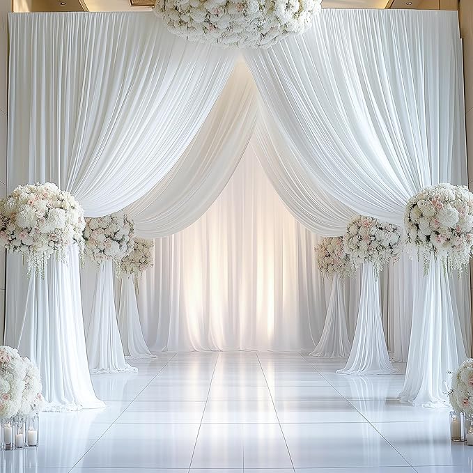 10ftx14FT Wrinkle Free White Backdrop Curtain, 2 Panels 14FT Height White Wedding Backdrop Drapes, Silky Polyester Back Drop Cloth for Birthday Photography Background Party Backdrop Draping