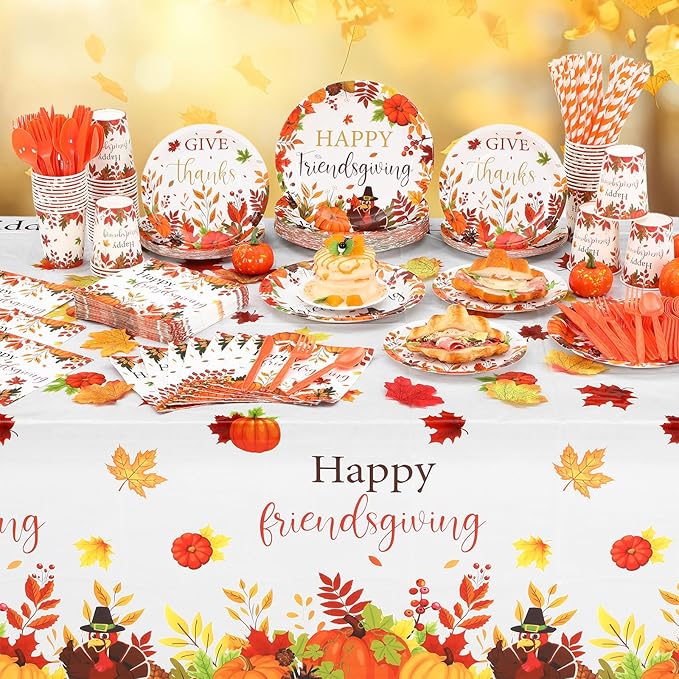 452 Pcs Happy Friendsgiving Party Decorations for 50, Fall Friendsgiving Paper Plates Napkins Cups Tablecloth Cutlery Straws for Autumn Harvest, Give Thanks Friends Giving Party Supplies