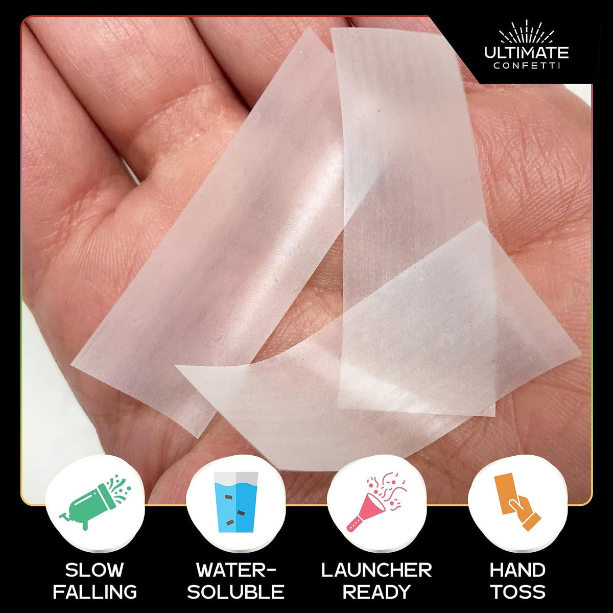 ultimate confetti, biodegradable dissolving rice paper confetti –rectangular showing dimensions