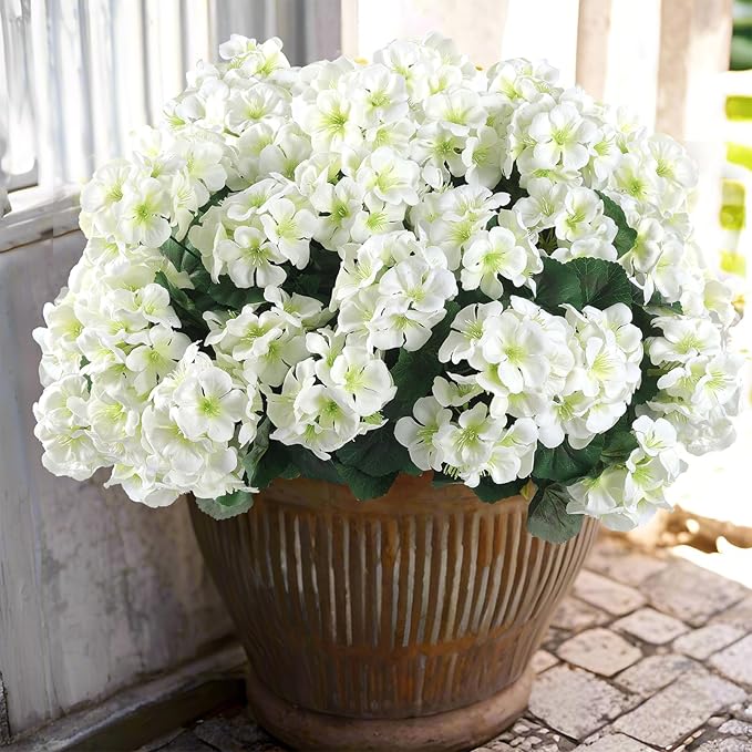 Hananona Artificial Geranium Flowers for Outdoors Geranium Silk Flowers Outdoor UV Resistant Garden Plants Faux Flowers for Home Kitchen Table Centerpieces Decor (12, White) (12 Pcs)