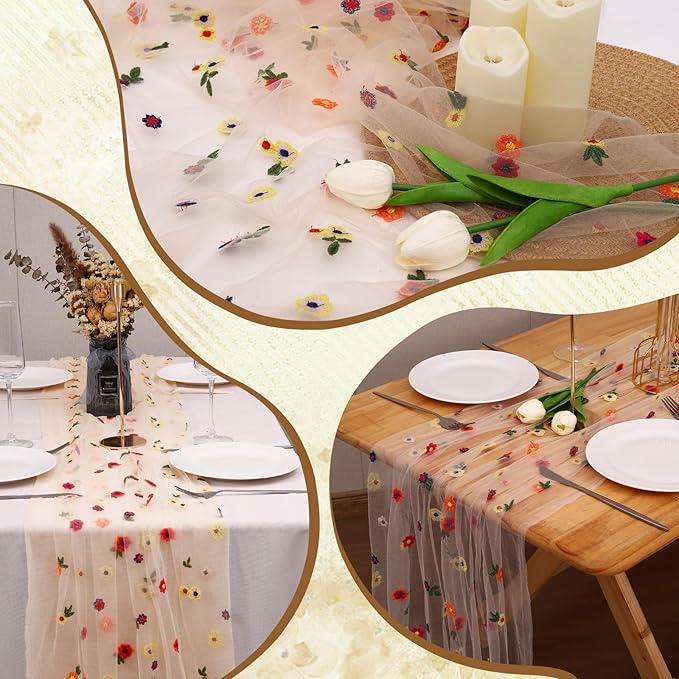 3PCS Champagne Floral Table Runner 10 FT, Embroidery Daisy Table Runners Seasonal Sheer Tulle Table Runner for Thanksgiving Wedding Birthday Baby Shower Party ﻿