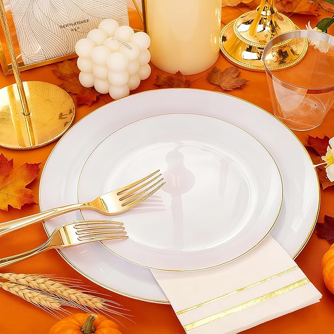 Festiva 176Pcs White and Gold Plastic Plates - White with Gold Rim Fall Dinnerware Set - 25Guest include Plates Cups Cutlery Napkins for Fall Party&Wedding& New Year&Thanksgiving (175PCS)