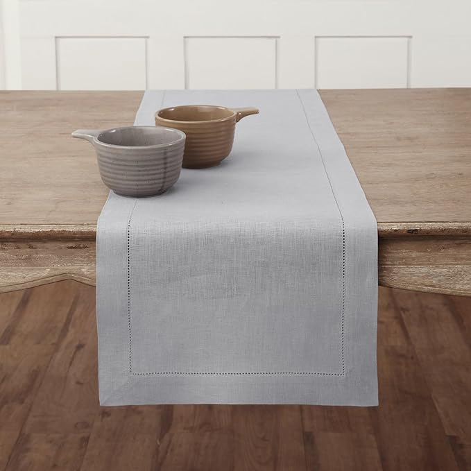 Solino Home Linen Soft Grey Table Runner 90 Inches Long - 100% Pure Linen Hemstitch 14 x 90 Inch Table Runner for Dining, Fall, Autumn, Thanksgiving, Christmas - Classic Hemstitch