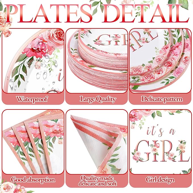 452 Pcs Pink Floral Baby Shower Party Supplies Include It's a Girl Baby Shower Paper Plates Cups Napkins Tablecloth Cutlery Straws for Pink Flower Girl Gender Reveal Birthday Party