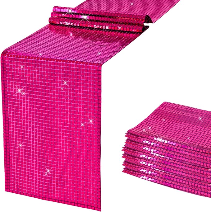 SquarePie Disco Table Runner 6 Pack - Hot Pink Mirror Sequin Glitter Foil Runner for Disco Party Decor Retro 70s 80s Theme, Bachelorette Birthday Dance Decoration 12x108 Inch (2 Pack)