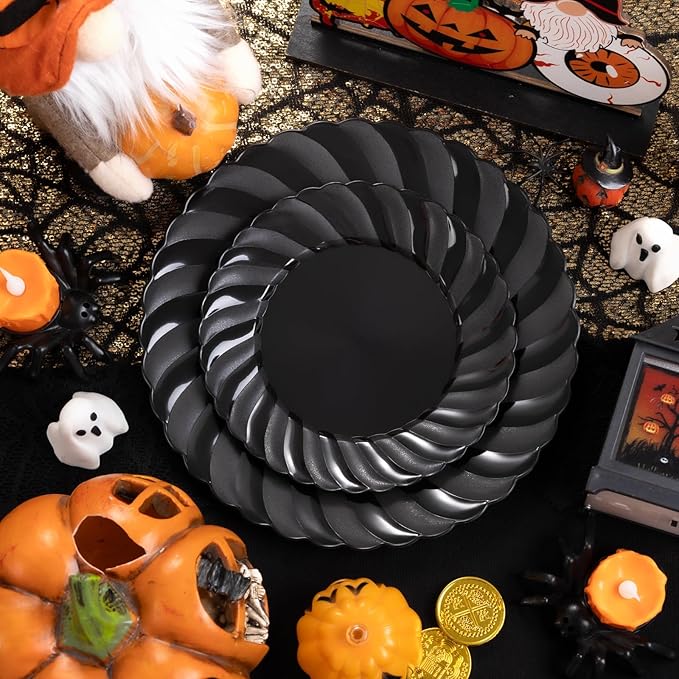 U-QE 60 Pcs Black Plastic Plates for Party – Scalloped Plastic Plates Heavy Duty – Include 30 10.25" Dinner & 30 7.25" Dessert Plate - Perfect for Halloween, Weddings & Birthdays