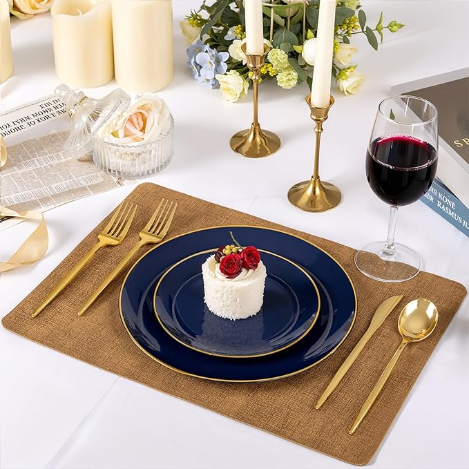 bUCLA 100PCS Blue Plastic Plates - Navy Blue Disposable with Gold Rim, Include 50 Each (10 inch Dinner & 7 inch Dessert) Plates, Ideal for Party