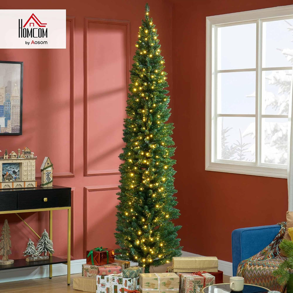 HOMCOM Noble Fir Artificial Pencil Christmas Tree Prelit 8' Green